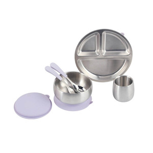 Ensemble d'alimentation pour bébé en acier inoxydable avec bol à ventouse, assiette, cuillère, fourchette et tasse pour tout-petits, design minimaliste, couleur unie, forme ronde - Product Image 3