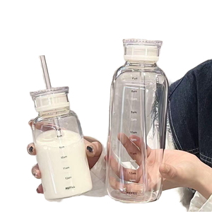Bouteille d'eau en verre avec paille, 300-1000 ml, couvercle à vis, design minimaliste transparent, pour les voyages, adultes - Product Image 1