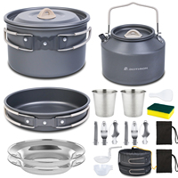 Kit de cuisine de camping pliable, portable, en alliage d'aluminium, pour l'extérieur, avec casseroles, poêles, bouilloire, tasses, assiettes, couverts et sac en filet antiadhésif