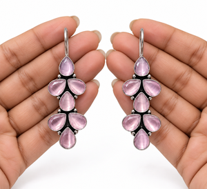 Pendientes Colgantes de Plata Oxidada con Piedra Rosa en Forma de Lágrima y Diseño Floral para Mujer, Joyería al por Mayor - Product Image 3