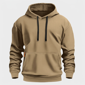 <b>Men's</b> Khaki Hooded Sweatshirt Regular Fit French Terry Cotton Casual Autumn Wear Pocket Design Breathable Knitted Hoodie - Product Image 1