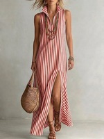 Robe midi décontractée d'été pour femme grande taille, à rayures, col montant, sans manches, fente latérale, pour dropshipping Shopify