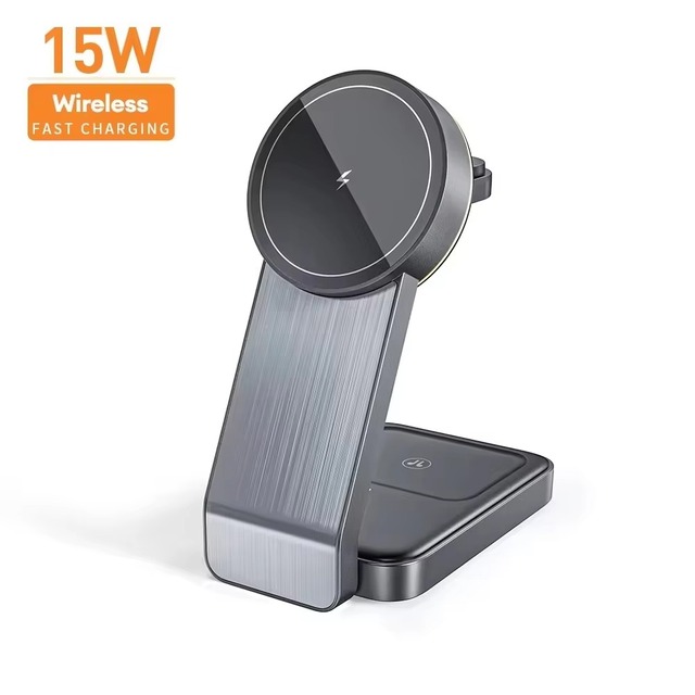 Portable Magnetic 3 in 1 Wireless Charger 15W Foldable Fast Charging Station for iPhone Compatible Watch Earbuds Travel Use