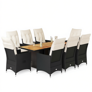 Ensemble de salle à manger de jardin noir et blanc crème 8 places en rotin, mobilier d'extérieur, table en teck, design contemporain, résistant aux intempéries - Product Image 1