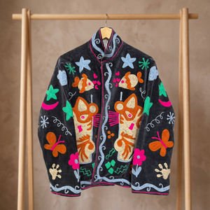 Wholesale Vintage Style Black <b>Velvet</b> Jacket <b>Women</b> Hand Embroidered Animal Short <b>Coat</b> Boho Winter Outerwear Suzani Jacket - Product Image 1