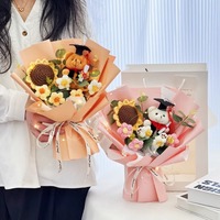 Buket benang rajut bunga matahari buatan, boneka dokter beruang mewah untuk hadiah Musim wisuda tanaman bunga dekorasi siswa