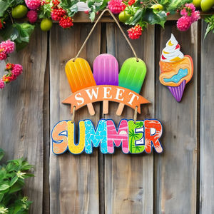 Letrero de bienvenida de verano para puerta principal, Letrero de madera 'Sweet Summer', Decoración de pared, Letrero colgante irregular con diseño de fresa, Para el porche del hogar - Product Image 3