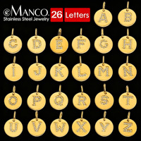 Vente en gros de breloques rondes en acier inoxydable plaqué or 14 carats avec 26 zircons, lettres initiales, pour collier, bracelet, artisanat, cadeau DIY