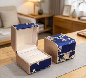 High-End <b>Box</b> Body Dark Blue Brocade Fabric Delicate Floral Jacquard Patterns Light <b>Brown</b> Borders Magnetic Closure Four-Color - Product Image 6