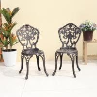 Chaise européenne vintage en aluminium moulé, sculptée à motif floral orchidée, bronze antique, ajourée, pour extérieur, patio, bistrot, jardin, atelier, résistante aux intempéries