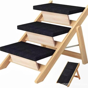 Wooden Pet Stairs 3 Step Anti Slip <b>Ramp</b> For Small <b>Dogs</b> Cats Natural Wood Color 20 In Height Foldable Design - Product Image 2