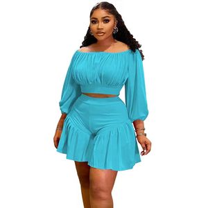 Baddie Summer Solid Breathable Polyester Casual Short <b>Set</b> Off-Shoulder Crop Top Pleated Flare Sweet Women 2-Piece <b>Set</b> - Product Image 5