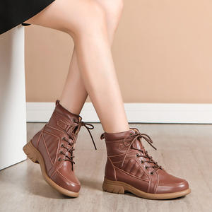 Bottes décontractées haut de gamme pour femme, automne-hiver, confortables, mi-mollet, avec semelles souples, fourrure unie, à lacets, tige en cuir de vachette, pour le printemps - Product Image 5