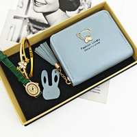 Set Jam Tangan Wanita Mewah dengan Casing Oval, Dial Angka Arab, Tali Kulit, Gelang Bunga, dan Dompet Pendek dalam Kotak Hadiah