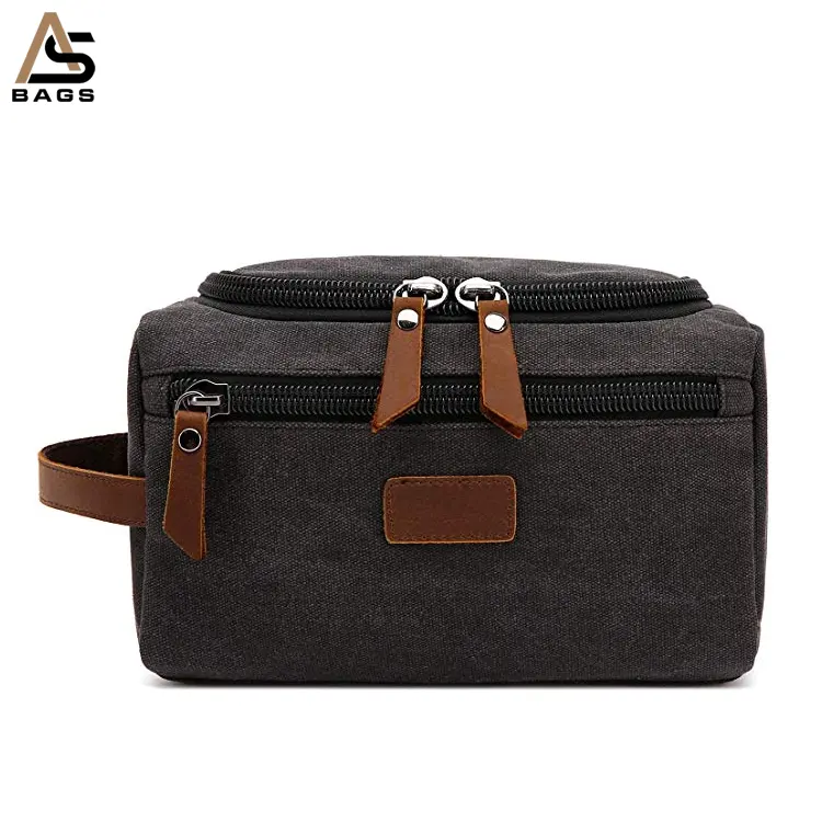 Aosheng Custom Wholesale Black Shaving Dopp Kit Vintage Luxury Leather Canvas Pouch Men Travel Cosmetic Bag