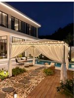 Pavillon de jardin carré de luxe Source Factory, structure en acier thermolaqué, toit en tissu, base fixe, trous de fixation par vis, pour cour et patio