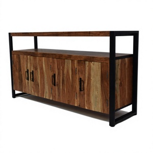 Aparador moderno de 3 puertas de madera maciza con acabado natural y estructura metálica, estilo industrial, ecológico, para sala de estar, ¡muy vendido! - Product Image 1