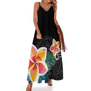 ชุดเดรสยาวลายสักชนเผ่าโพลีนีเซียน ลายดอกชบาและดอกลีลาวดี <span class=keywords><strong>คอ</strong></span>วี แขนกุด สำหรับฤดูร้อน ชุดไปเที่ยวทะเล  ดรอปชิปปิ้ง - Product Image 2