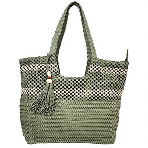 Sac fourre-tout en paille tressée tendance, grande capacité, fermeture éclair, avec pompon, pour la plage et les voyages, portable pour femme - Product Image 1