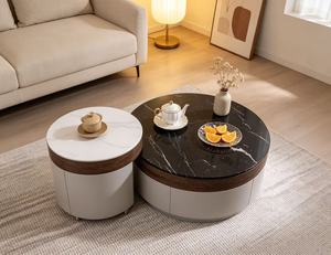 Modern <b>Round</b> Coffee <b>Table</b> Set Marble Top Wood Frame Storage Living Room Furniture <b>White</b> and Black Two Piece Design - Product Image 5