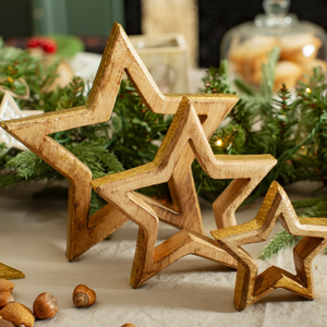 Wooden Star <b>Christmas</b> Decorations with Golden Edge Festive Winter Nature Woodland Ornament in Small Medium <b>Large</b> Sizes - Product Image 1