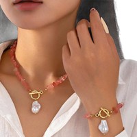 Collier en pierres naturelles concassées et perles de verre, pendentif perle baroque, chaîne de clavicule, bracelet, ensemble de bijoux de mode pour femmes