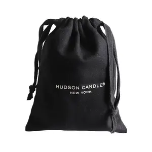 Custom private black cotton linen canvas drawstring bag with White printed logo for hat shoe packaging dust pouch