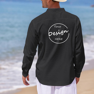 Camiseta de lino en blanco sólido con cuello Henrly y logotipo <span class=keywords><strong>bordado</strong></span> personalizado, camiseta de manga larga de lino y algodón de cáñamo blanco para hombre - Product Image 6