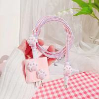 Funda protectora de Cable de carga suave con diseño de Pata de Gato rosa, conjunto de enrollador de cables en espiral para Iphone 12 y Apple 18W y 20W