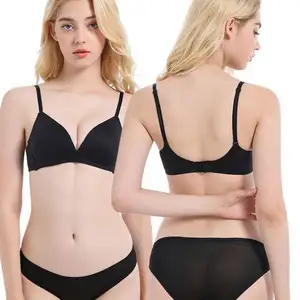 Fashion deep V soft breathable simple plain color skincare sexy bra and panties set seamless underwear without underwire