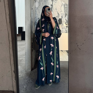New Thổ Nhĩ Kỳ Kimono hồi giáo dài cardigan abaya hoa in hồi giáo quần áo khiêm tốn saudi arabia Dubai abaya với khăn trùm đầu - Product Image 1