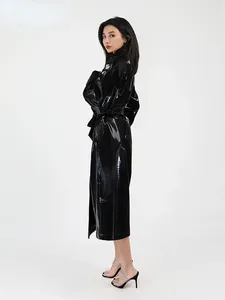 Manteau trench en cuir verni brillant à col rabattu avec ceinture pour <span class=keywords><strong>femme</strong></span>, style gothique, en similicuir PU, manches longues, sur mesure pour l'hiver - Product Image 4