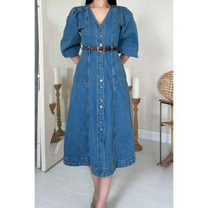 Vestido vaquero azul con mangas abullonadas, cuello cuadrado, corte en A, estilo vintage, transpirable, de longitud media para mujer - Product Image 2