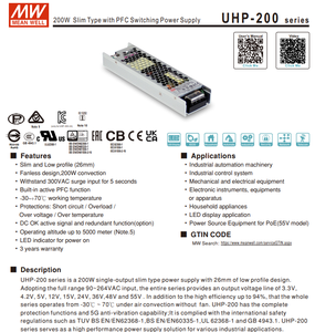 MEAN WELL UHP-200R-24 201.6W 24V 8.4A Ultra Slim 26mm Fanless PFC Redundant <b>Switching</b> Power Supply AC90‑264Vac - Product Image 2