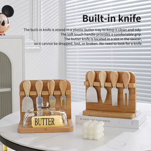 Juego de tabla de cortar de madera maciza para picar pan, fruta, Pizza, bistec, queso con cuchillo de bambú y tenedores, caja de mantequilla de vidrio rectangular - Product Image 3