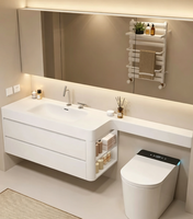 Meuble-lavabo mural moderne en bois massif noir résistant à l'eau avec vasque intégrée et miroir LED intelligent
