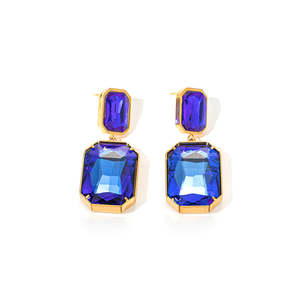 Fashion Drop Earrings PVD Gold Plated 316L Stainless Steel Blue Crystal Stones Sustainable Resistant Jewelry - Product Image 1