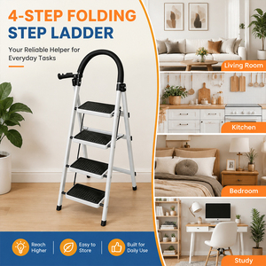 Échelle pliante à 4 marches avec main courante, porte-outils et marches larges antidérapantes, pour la maison, la cuisine et le garage - Stock Pologne - Product Image 2