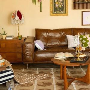Mid Century Oil Wax Retro Genuine Leather <b>Sofa</b> Top Grain Cowhide Living Room Small Space Designer French <b>Sofa</b> <b>Set</b> - Product Image 3