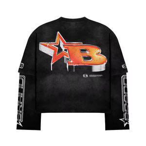 Diseño personalizado gráficos camisas de algodón de manga larga de gran tamaño <span class=keywords><strong>Cid</strong></span> Wash Boxy recortada empalme de doble capa Camiseta de manga larga - Product Image 2