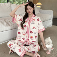 Pyjama d'été pour femme à imprimé floral, chemise de nuit en gaze à manches courtes avec pantalon long, vêtements de nuit pour femmes