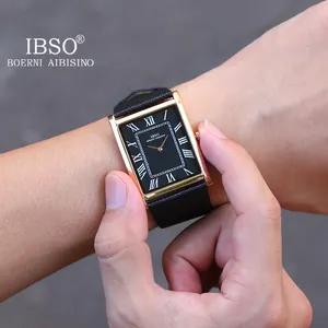 IBSO Men's Ultra-Thin Rectangle Dial Quartz Watch With Genuine Leather Strap 3ATM Waterproof Shock Resistant Movement