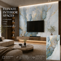 Plaque de marbre PVC MORLENX 4x8 pieds bleu clair et or, revêtement UV, imperméable, haute brillance pour la décoration murale de salle de bain et de cuisine