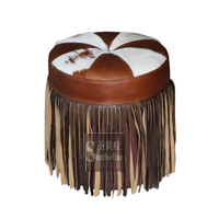 Ottoman rond personnalisé avec frange fourrure de vachette rustique tan et blanc tabouret ottoman en cuir véritable pouf de qualité haut de gamme