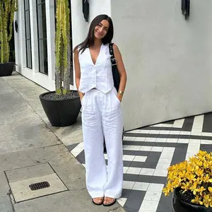 Summer White Linen Two Piece Set For Women 2023 Fashion Sleeveless Tank Top New In Matching High Waist Wide Pants Set