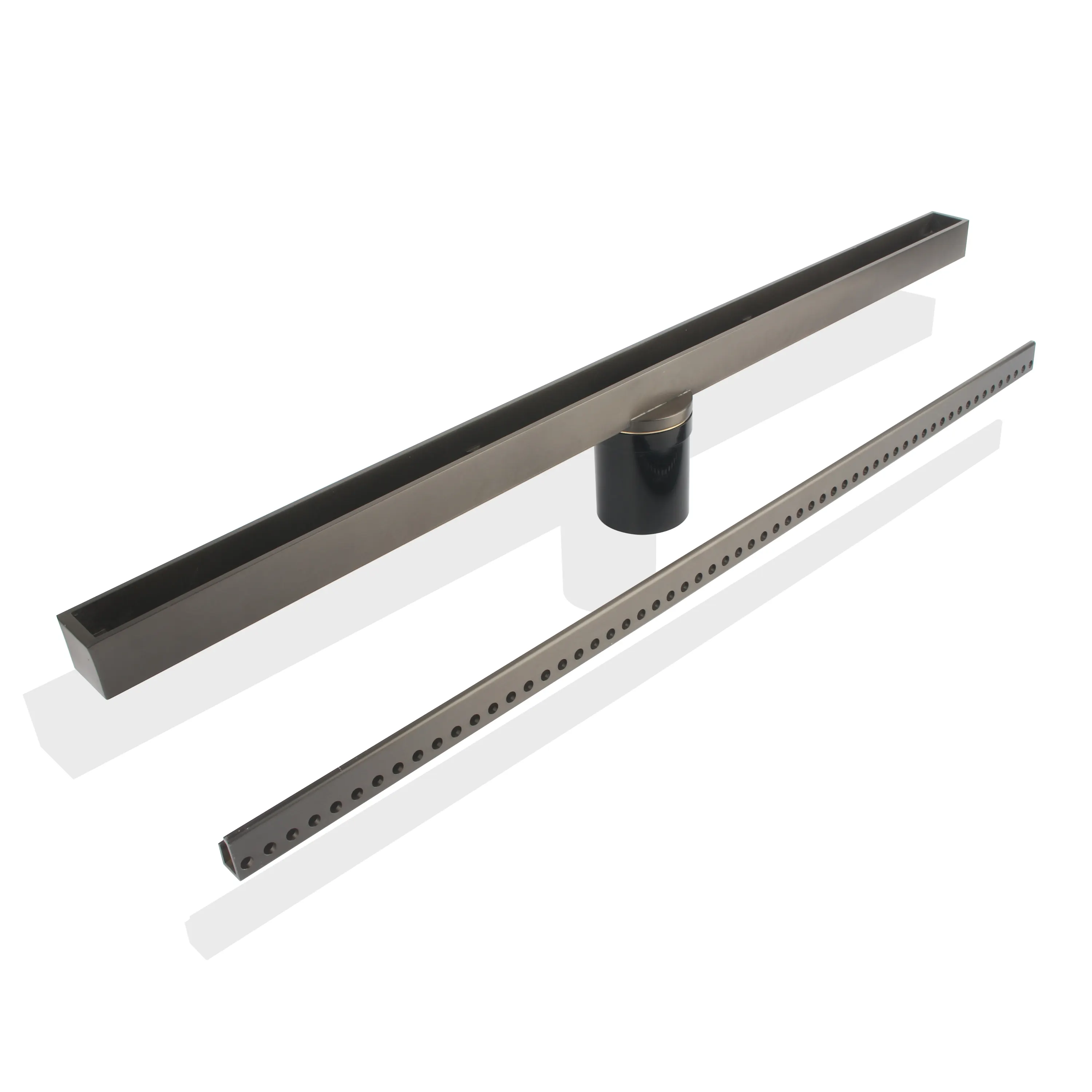 Caixa de cor ISO Linear Drain Floor Waste Drain Banheiro Latão 360 Rotação Slim Bangqi Heavy Duty 30*600mm Outlet 50mm Gery/black