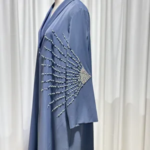 Classic Abaya 2024 Eid Advanced Light Blue Exquisite Beaded Special Design Abaya Girl Muslim Summer Light Long Dress + Coat Arabic Abaya