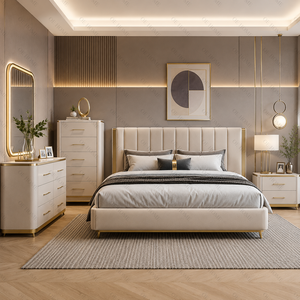 Juego de Muebles de Dormitorio Moderno con Cama King Size Acolchada, Diseño Contemporáneo en Cuero PU, Juego de Armario y Cómoda para el Dormitorio del Hogar - Product Image 1