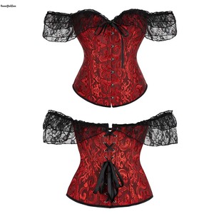 Corsetto <span class=keywords><strong>Vintage</strong></span> in Pizzo Plus Size Traspirante da Donna, <span class=keywords><strong>Lingerie</strong></span> Sexy, Fascia per il Petto, Bustier Rosso e Nero con Spalle Scoperte - Product Image 3