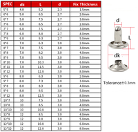 Double capuchon Rivets et clous pour sacs à main, cuir, ceinture, acier inoxydable, 100 lots 6/7/8/9/10/12mm